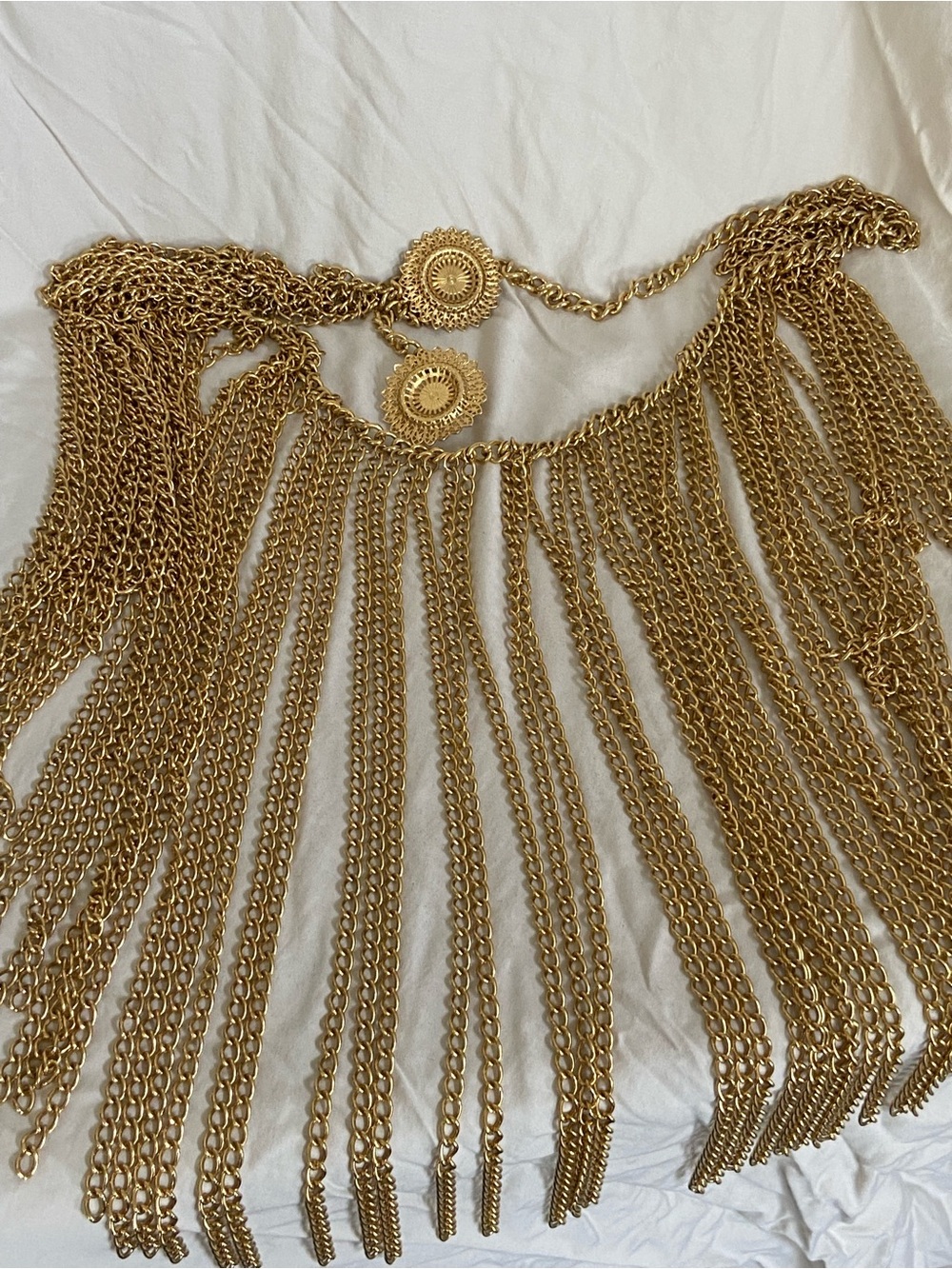 Vintage Gold Chain Fringe Skirt Belt Medallion Sunburst Boho Festival Body Chain